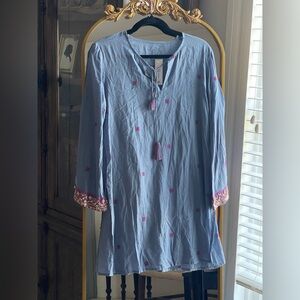 Chaudry NWT SAMPLE Blue Long Sleeve Tunic with Beaded Pink Embroidery